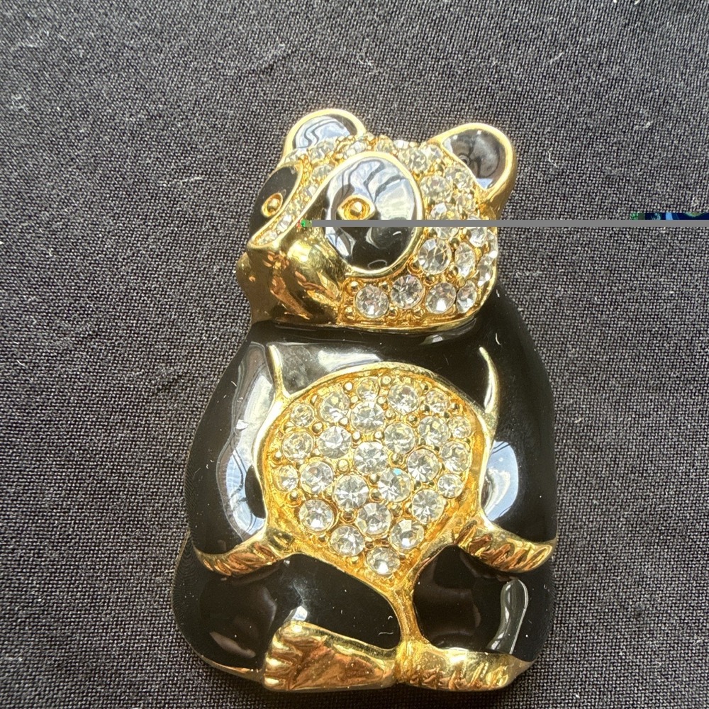 Vintage Trifari Panda Brooch Pin Black Enamel Gold Tone Rhinestones